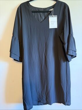 Black V-Neck Shift Dress with Ruffle Elbow Sleeves